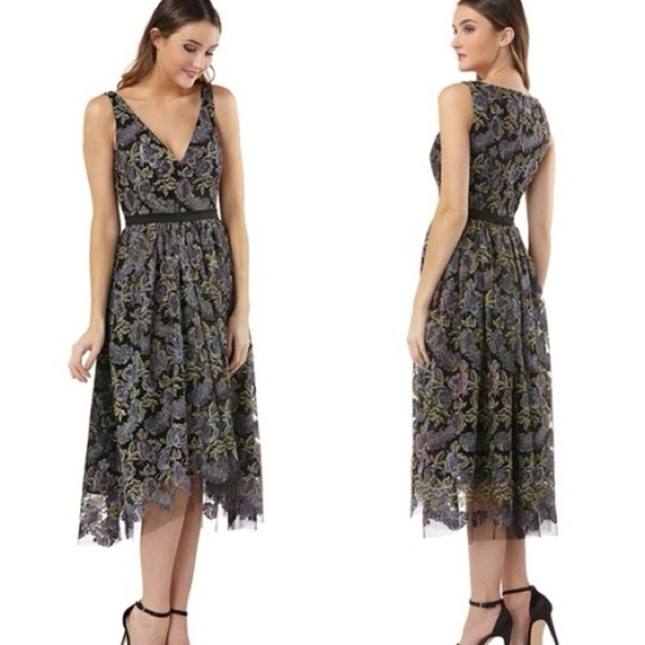 JS Collections Metallic Floral Lace Fit and Flare Midi Dress Size 14 - Picture 2 of 13